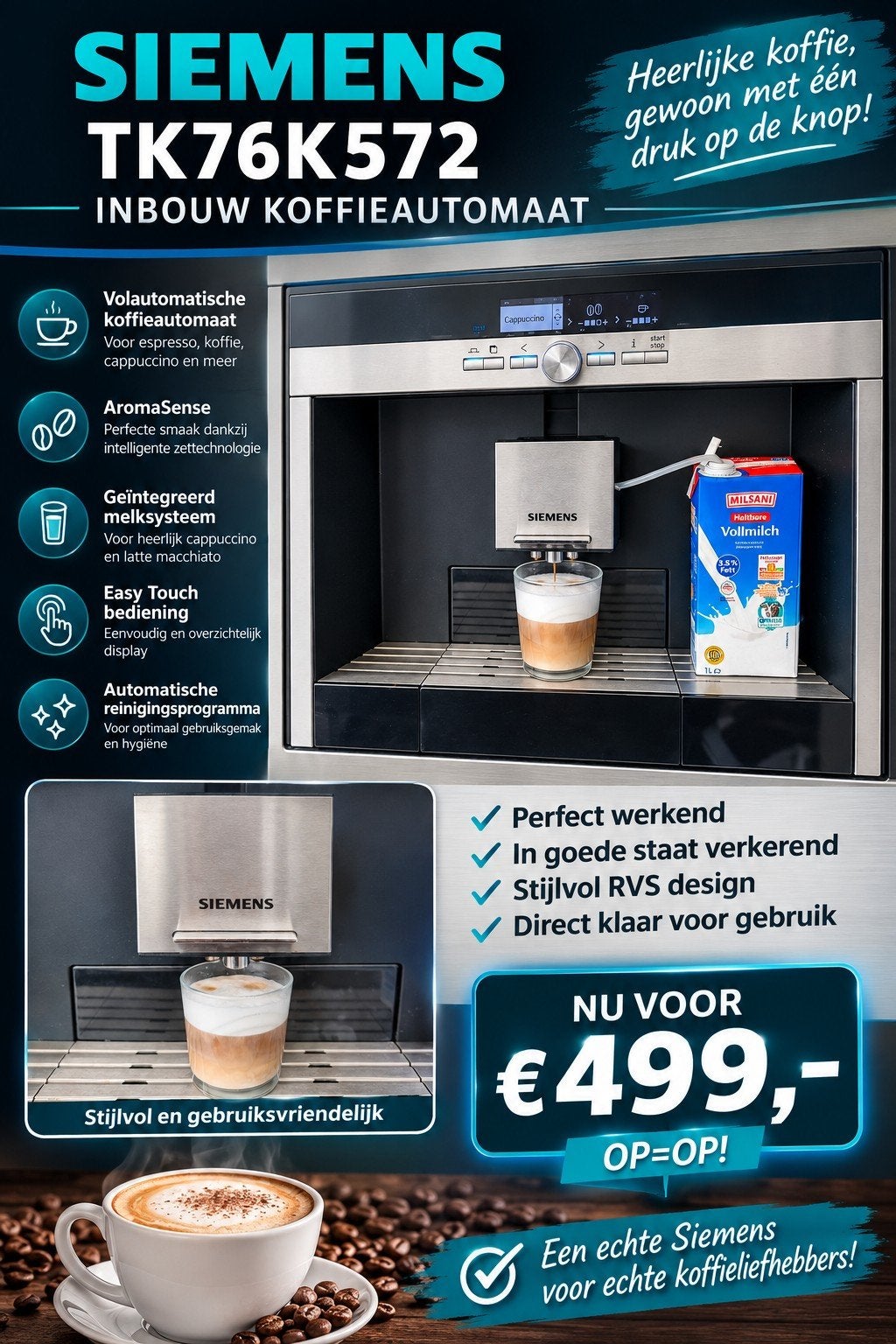 Siemens RVS inbouw koffieautomaat TK78K572, Ophalen, Afneembaar waterreservoir, 10 kopjes of meer, Gemalen koffie