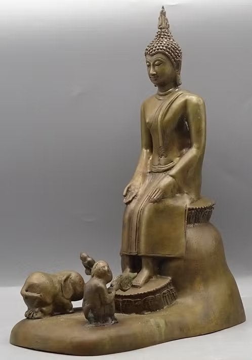 Bronzen Boeddha met aap en olifant – 33,5 cm, Metaal, 33 cm, Ophalen of Verzenden, Zo goed als nieuw