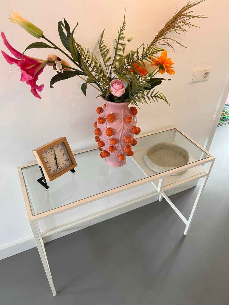 Stijlvolle metalen sidetable/bureau met glazen blad, Huis en Inrichting, Tafels | Sidetables, Ophalen, 100 tot 150 cm, Zo goed als nieuw