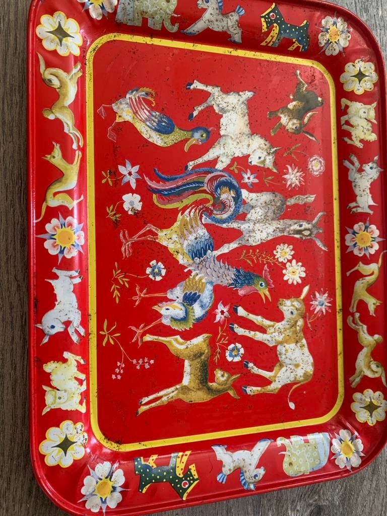 Rood dienblad met dieren en bloemen, Ophalen of Verzenden