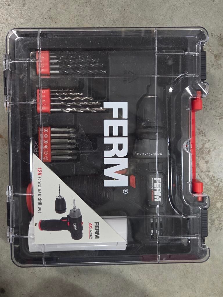 Ferm 12V Accuboormachine Set - Nieuw in Koffer, Doe-het-zelf en Verbouw, Gereedschap | Boormachines, Variabele snelheid, Nieuw