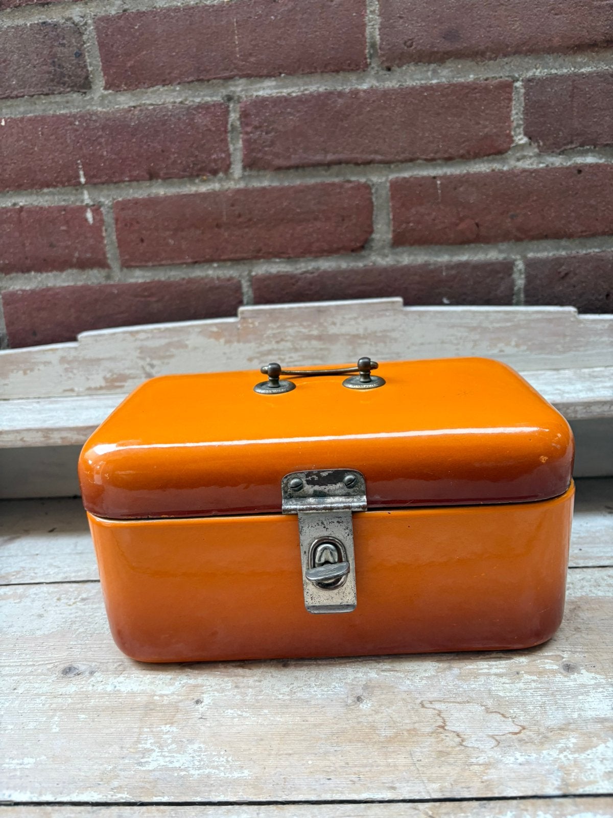Koektrommeltje / lunchtrommeltje oranje gevlamd emaille, Antiek en Kunst, Ophalen of Verzenden