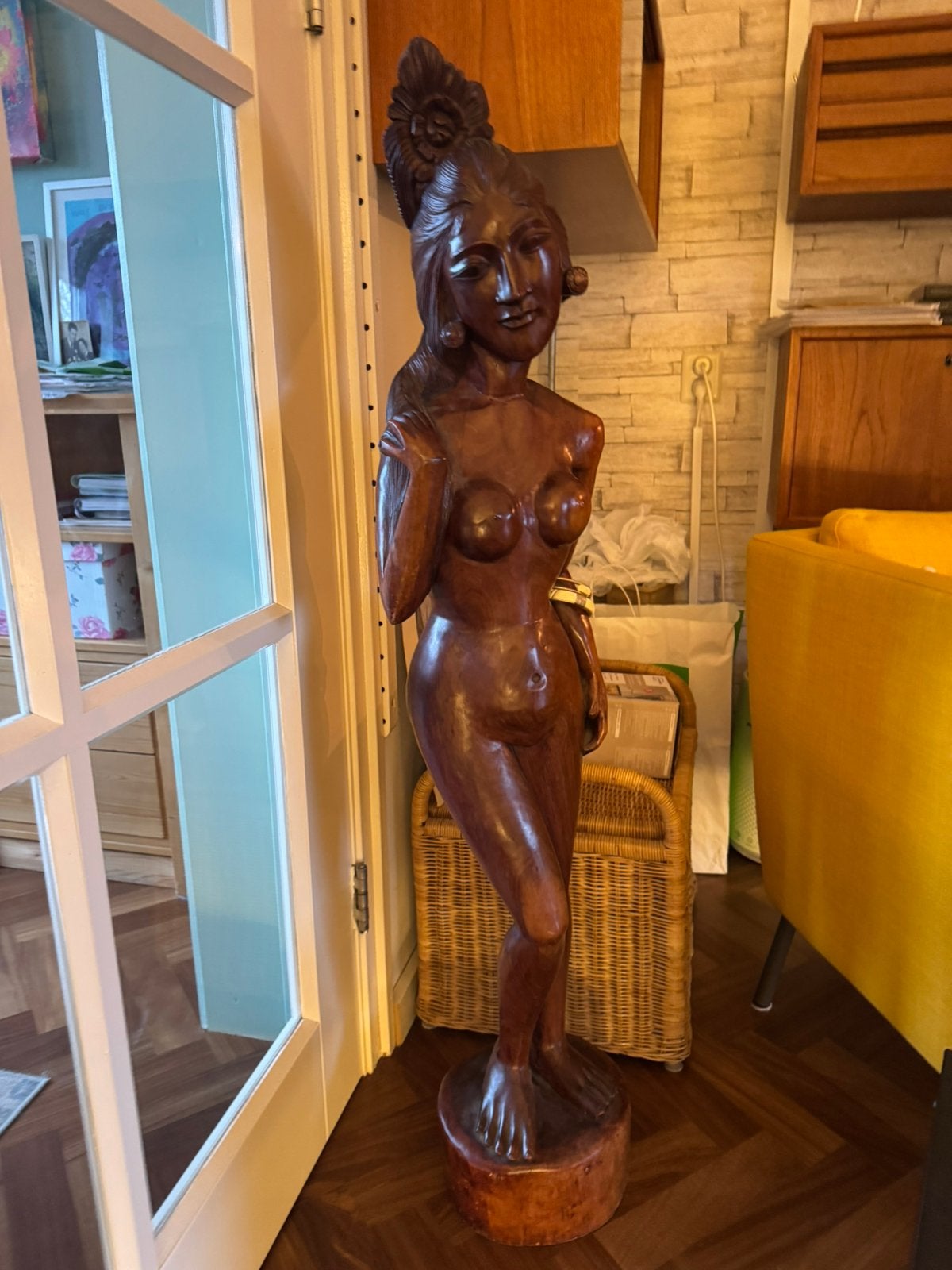 XXL Houten Beeld Vrouw (130 cm hoog!) -Balinees Houtsnijwerk, Ophalen, Houtsnijwerk, 1 meter - 2 meter, Hout