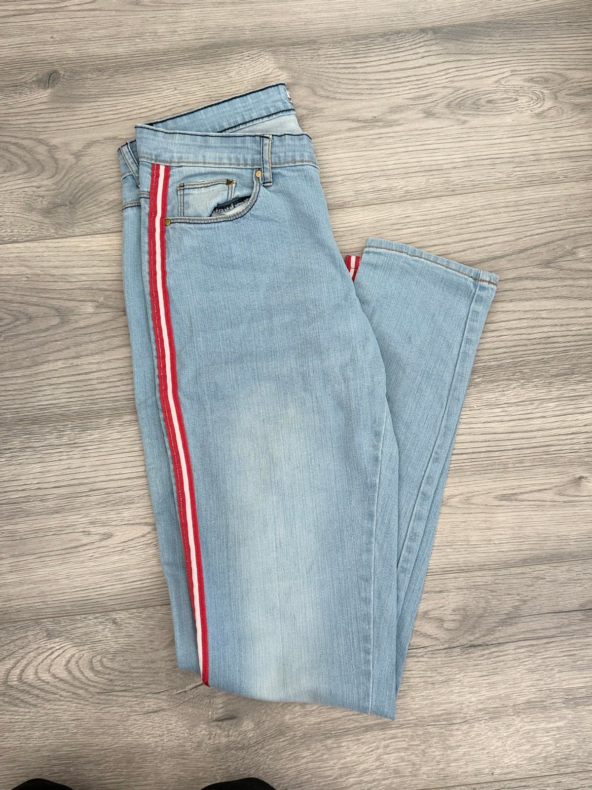 The Spirit Jeans met rode streep - Maat M, Kleding | Dames, Spijkerbroeken en Jeans, Ophalen of Verzenden, Gedragen, Blauw, Overige jeansmaten