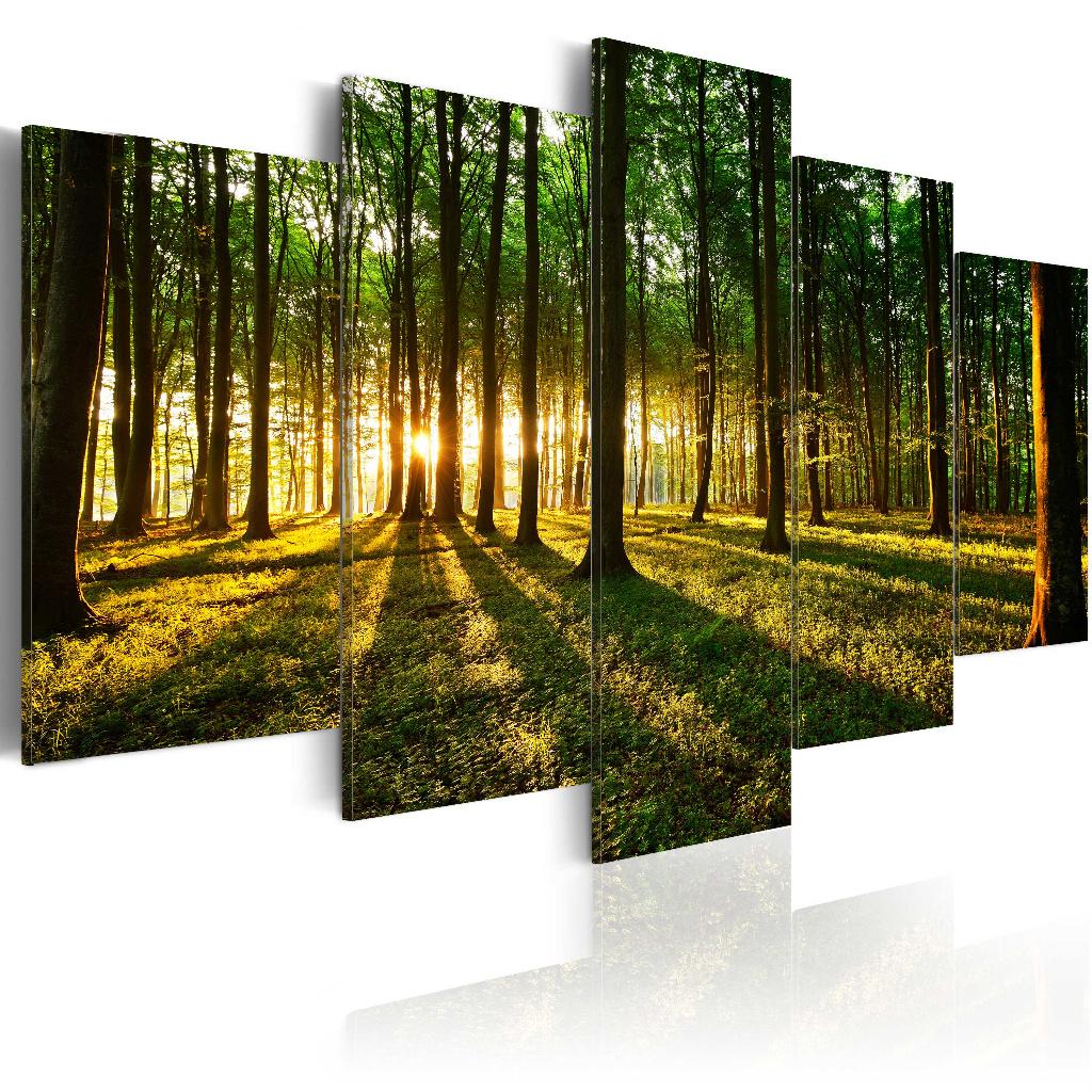 143 Bos Natuur Zonlicht 5 Luik Canvas Schilderij 200x100cm, Huis en Inrichting, Nieuw, 125 cm of meer, Ophalen of Verzenden, Schilderij