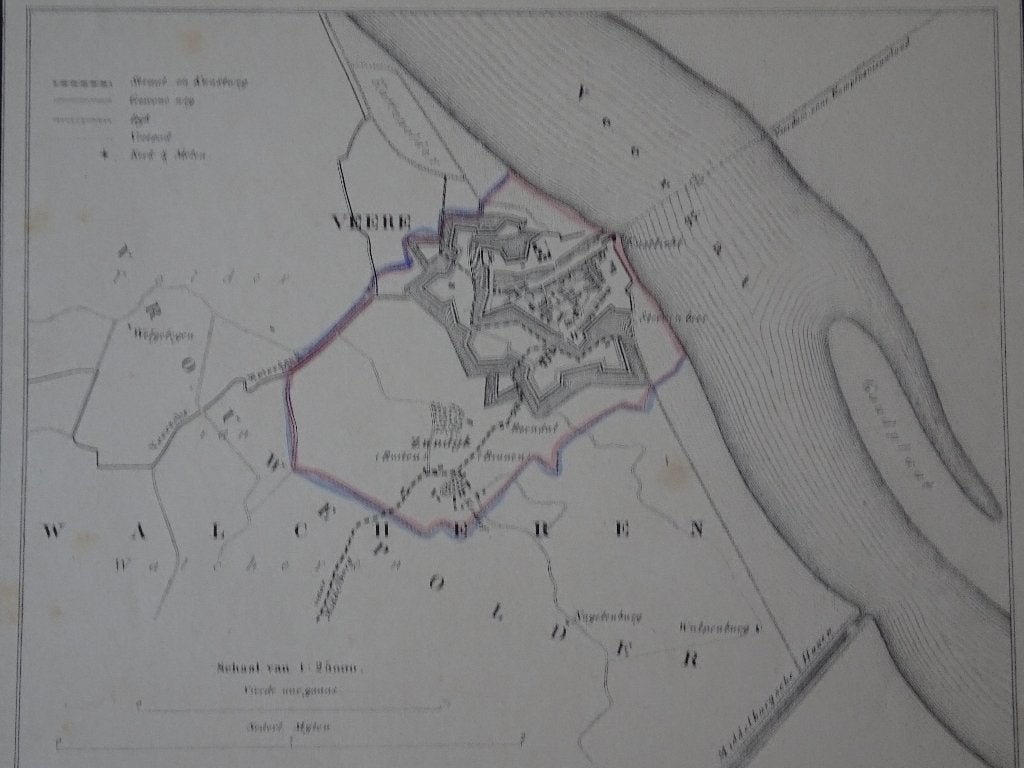 Litho plattegrond gemeente Veere, Kuyper, 1866, Antiek en Kunst, Origineel, Verzenden, Kaarten en plattegronden, Lithografie