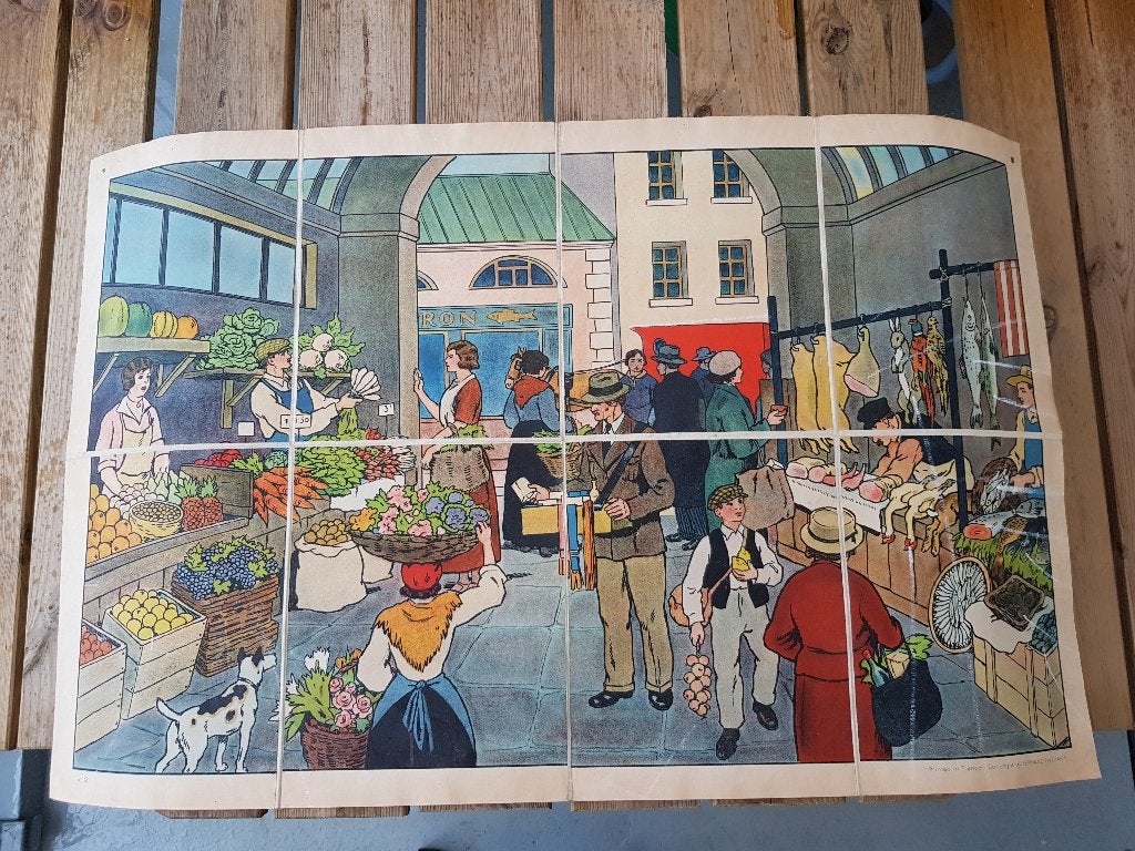 Op de markt oude schoolplaat uit Frankrijk litho op canvas., Antiek en Kunst, Kunst | Litho's en Zeefdrukken, Ophalen of Verzenden