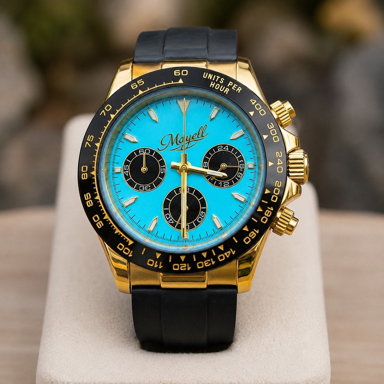Mayell Chronograaf Horloge Goudkleurig, Turkoois Wijzerplaat, Overige merken, Staal, Polshorloge, Kunststof