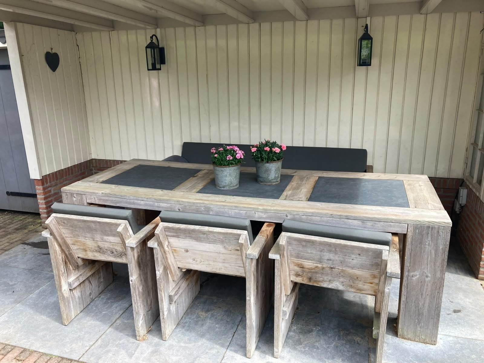 Steigerhouten Tuinset met natuursteen incl. kussens, Ophalen, Gebruikt, Bank, 6 zitplaatsen