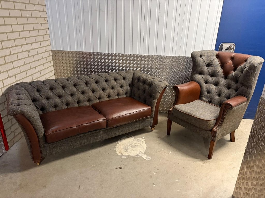 Chesterfield 2-zits bank en Fauteuil vintage, Ophalen, 250 tot 300 cm, Overige maten, Chesterfield - Harris Tweed vintage