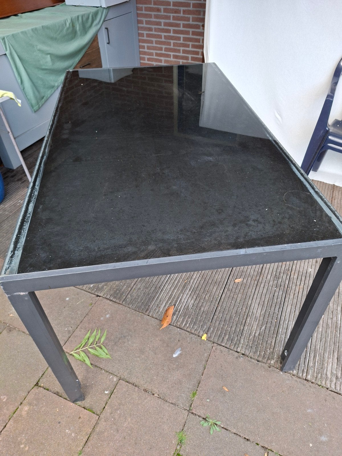 Glazen tuintafel met metalen frame, Ophalen, Gebruikt, Rechthoekig