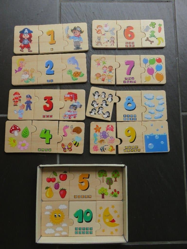 Houten cijfer puzzels met aantallen 1-10. Mooie set, Ophalen of Verzenden, Zo goed als nieuw