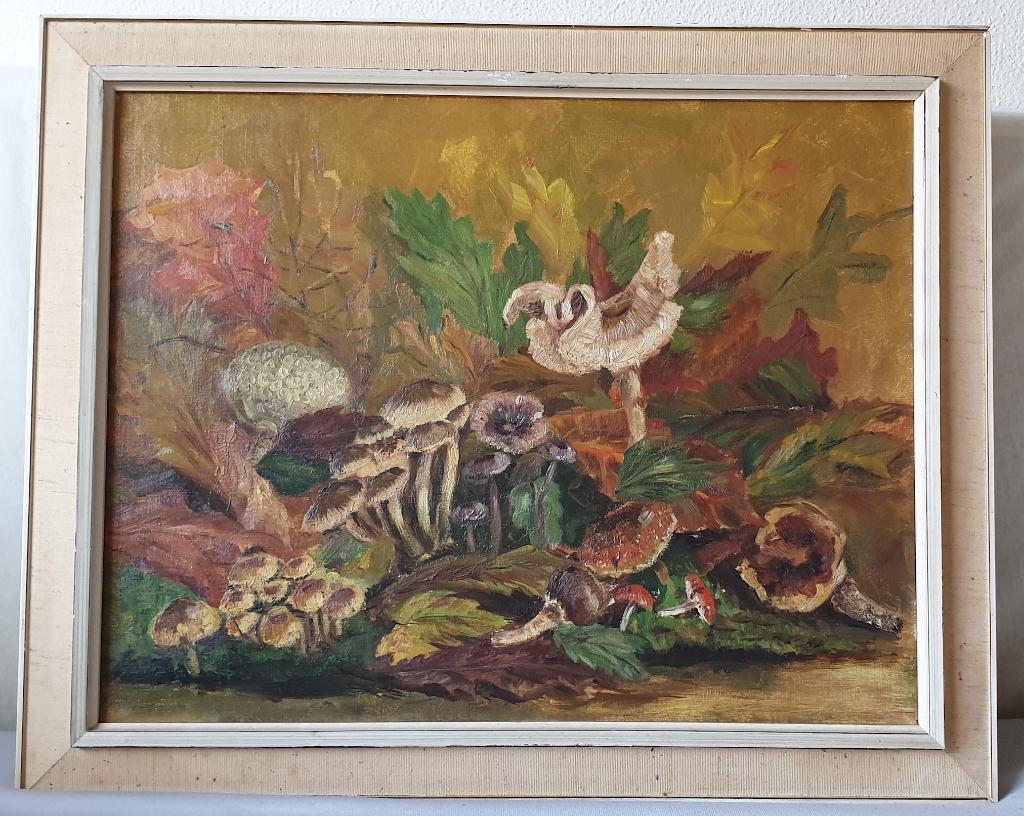 Herfst tafereel met bladeren en paddenstoelen., Ophalen of Verzenden