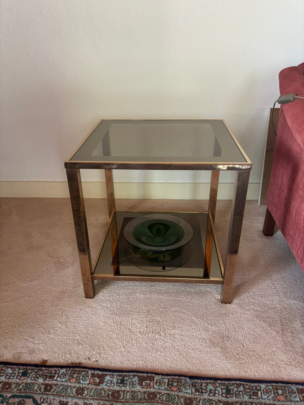 Belgo chrom glazen bijzettafel, Minder dan 55 cm, Gebruikt, Vierkant, Glas