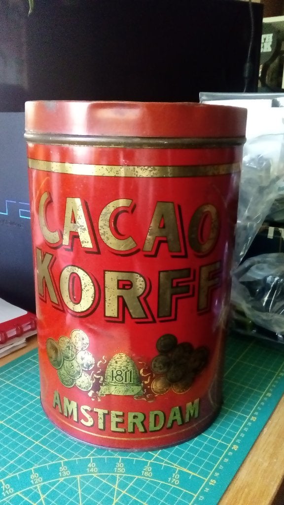 Vintage Cacao Korff Amsterdam blik - 30 cm hoog, Verzamelen, Ophalen of Verzenden, Gebruikt, Overige, Overige merken
