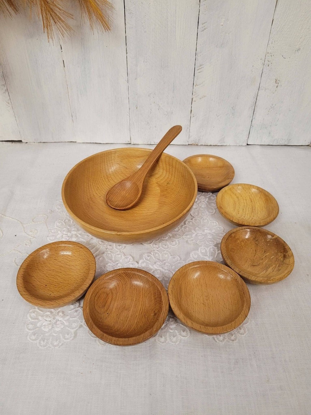 Vintage houten pinda serveerset, Verzenden