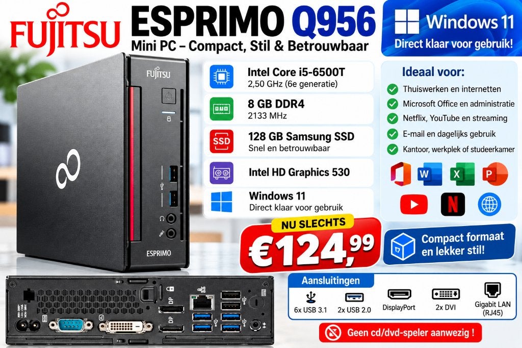 Fujitsu ESPRIMO Q956 Mini PC – Intel Core i5, 2 tot 3 Ghz, 8 GB, Refurbished, Ophalen of Verzenden