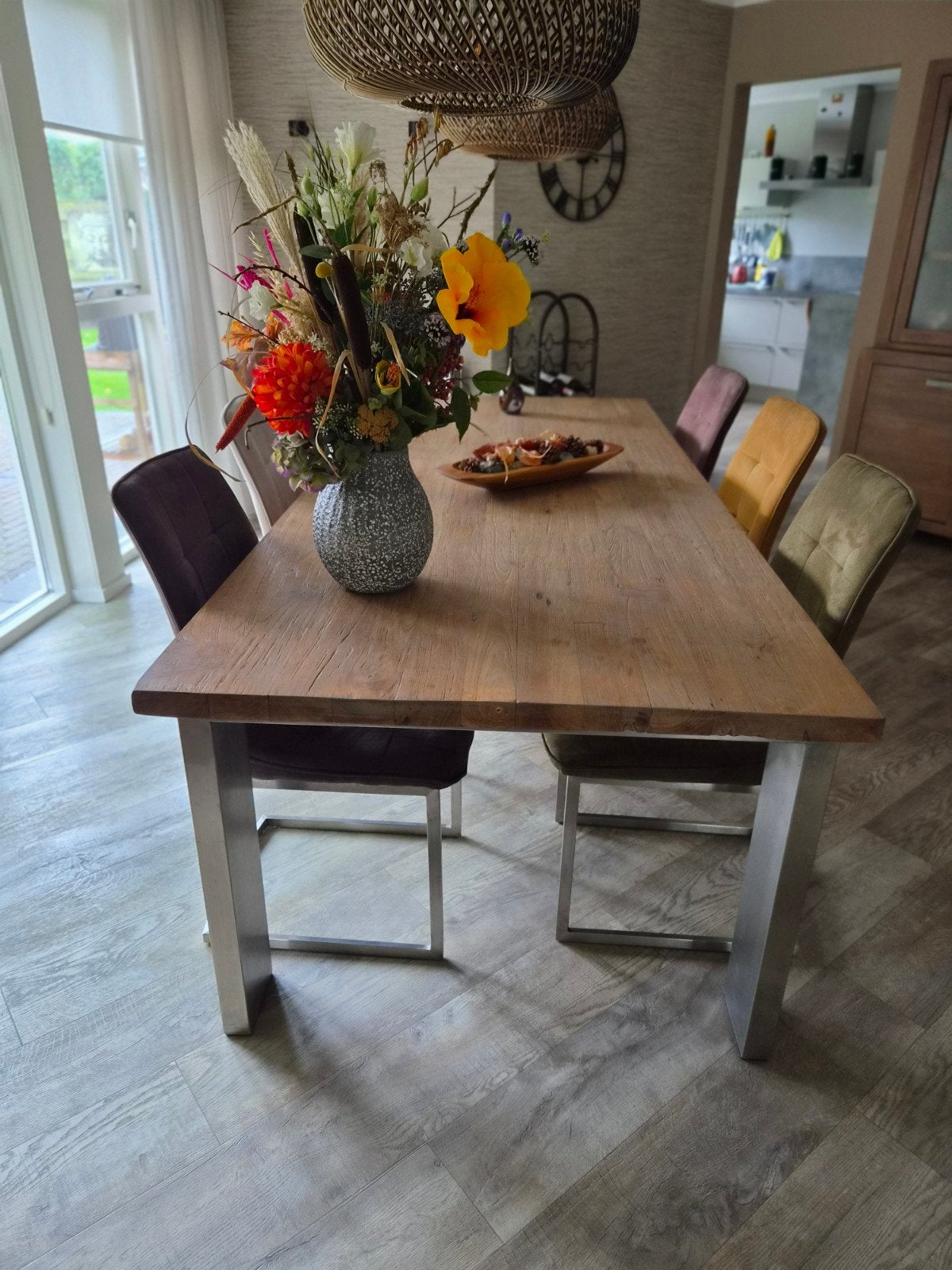 Eethoek tafel met 6 stoelen (verschillende kleuren), 100 tot 150 cm, 200 cm of meer, Zo goed als nieuw, Vijf personen of meer