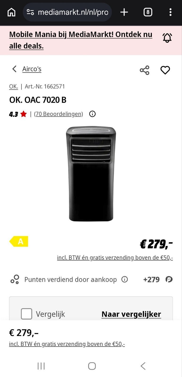 Mobiele airco - OK. OAC 7020 B, Witgoed en Apparatuur, Airco's, Zo goed als nieuw, Mobiele airco, Minder dan 60 m³, 3 snelheden of meer