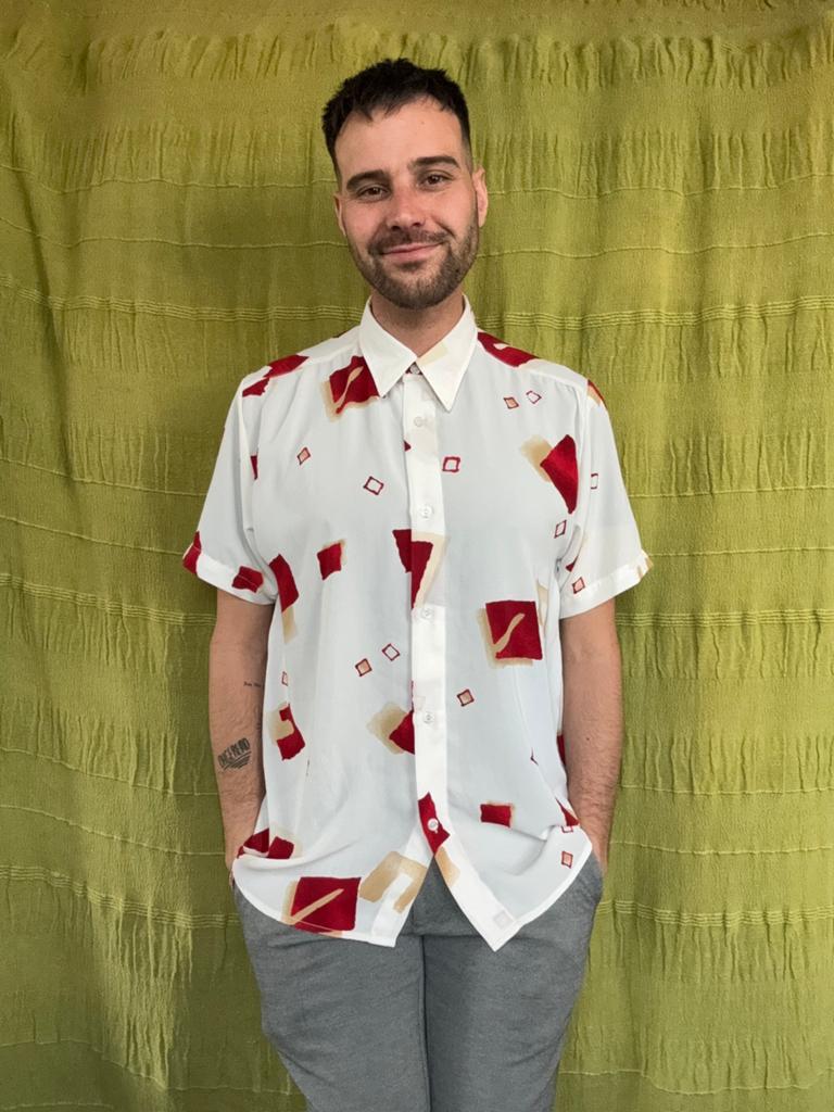 Vintage overhemd / shirt / print / large / wit / rood / L, Hgv, Wit, Hgv, Vintage