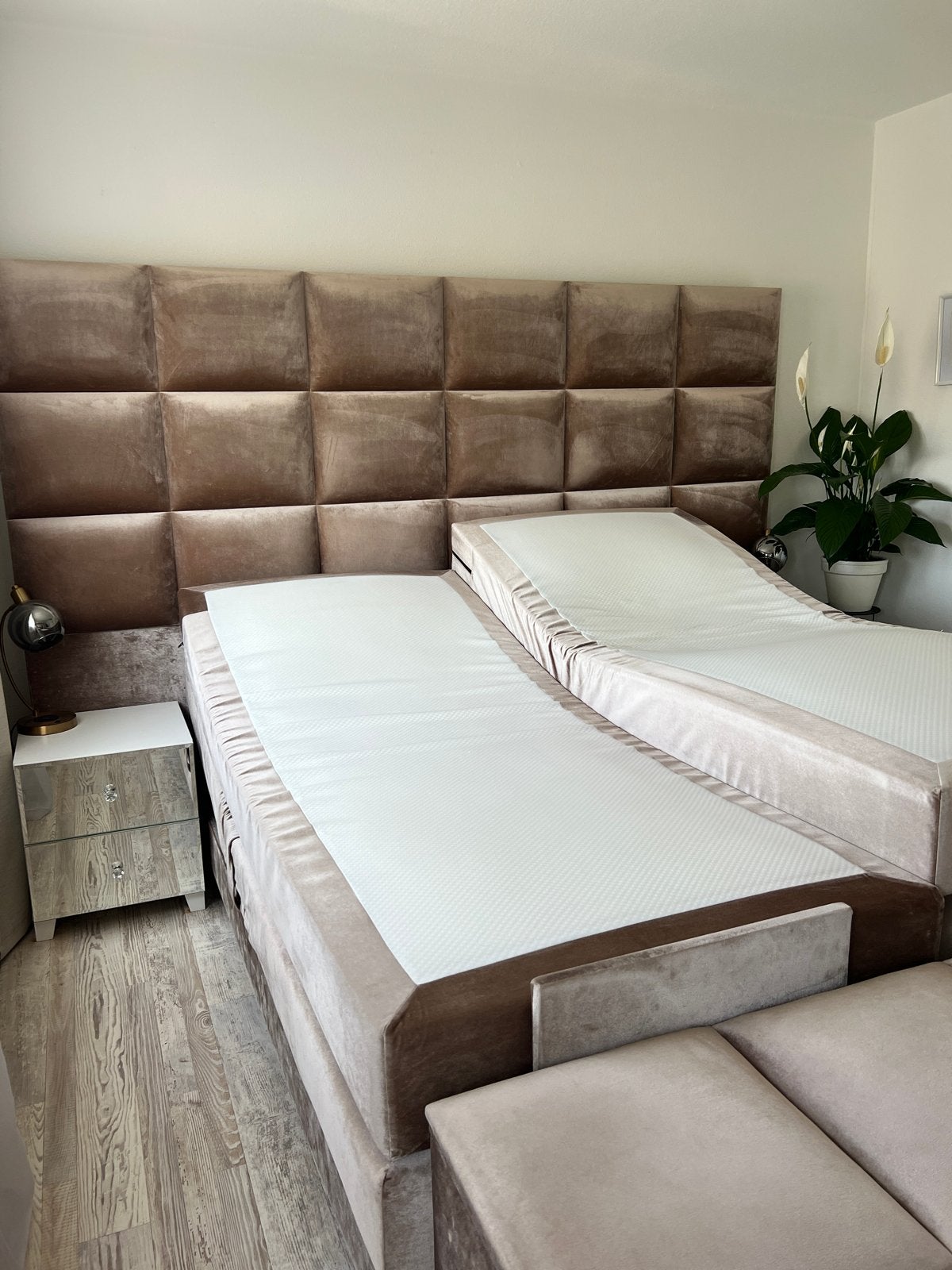 Elektrisch tweepersoonsbed bed met verstelbare matrassen, Ophalen, Verstelbaar, Bruin, Tweepersoons