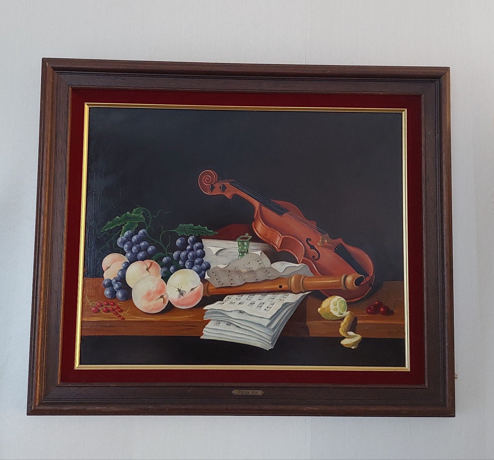 Klassiek stilleven met viool, fluit en fruit, Ophalen of Verzenden