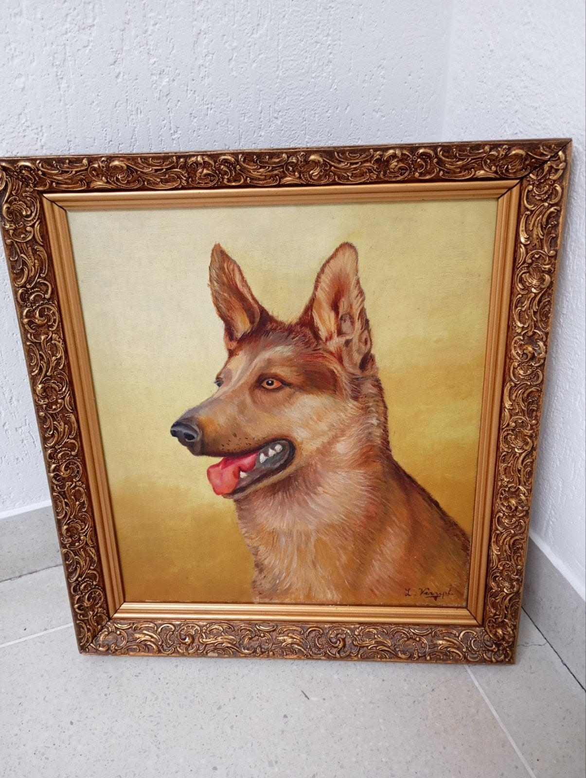 Schilderij Duitse herder- Hond in barok kader, Antiek en Kunst, Ophalen, Doek, Dieren, Bijzondere lijst