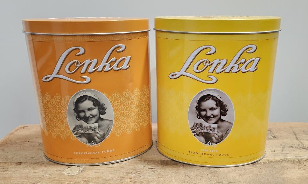 2 LEUK "LONKA FUDGE" BLIKKEN, Ophalen of Verzenden, Gebruikt, Overige, Overige merken