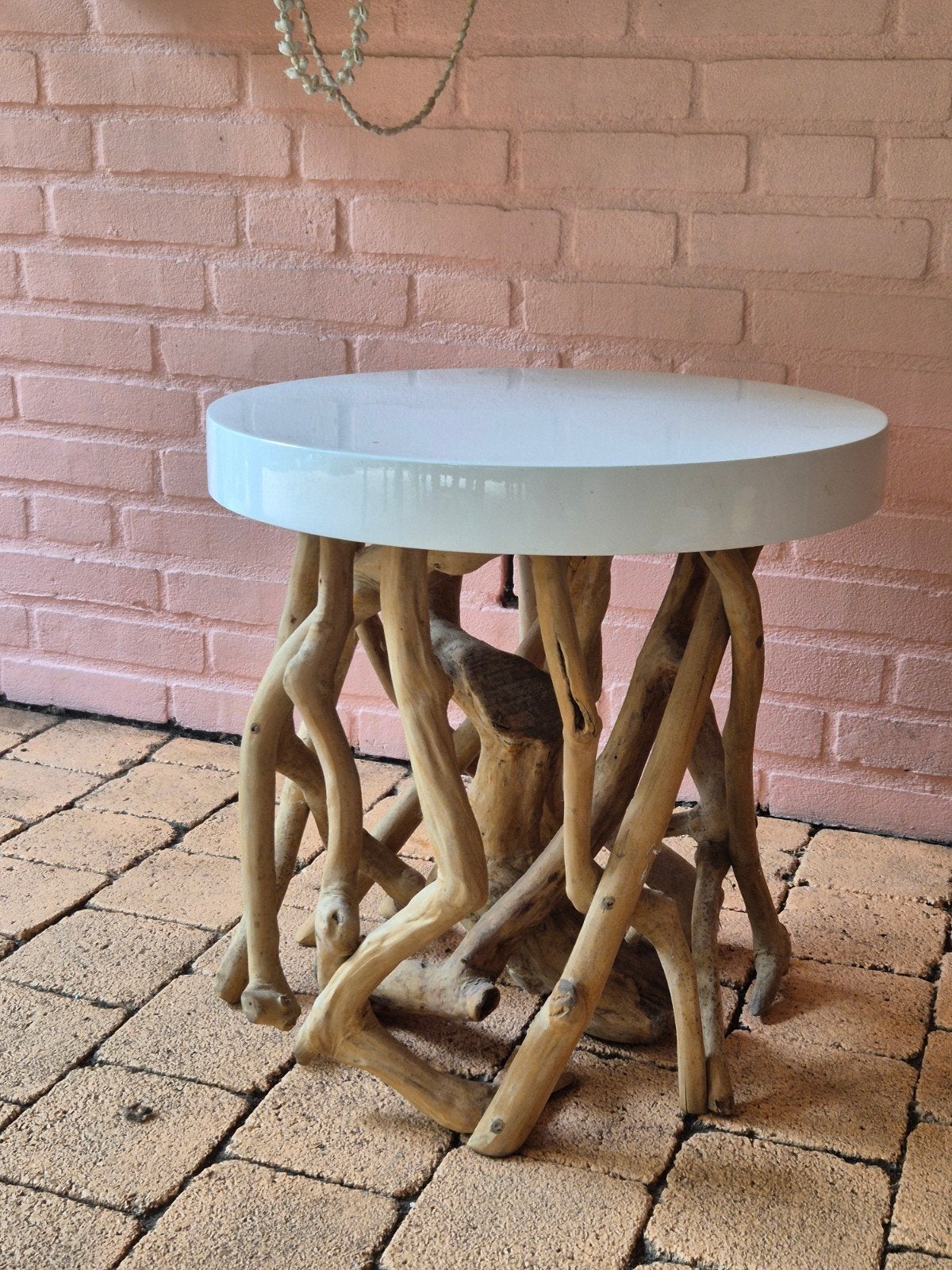 Boho bijzettafel drijfhout met wit blad, Ophalen, Minder dan 45 cm, Minder dan 55 cm, Gebruikt