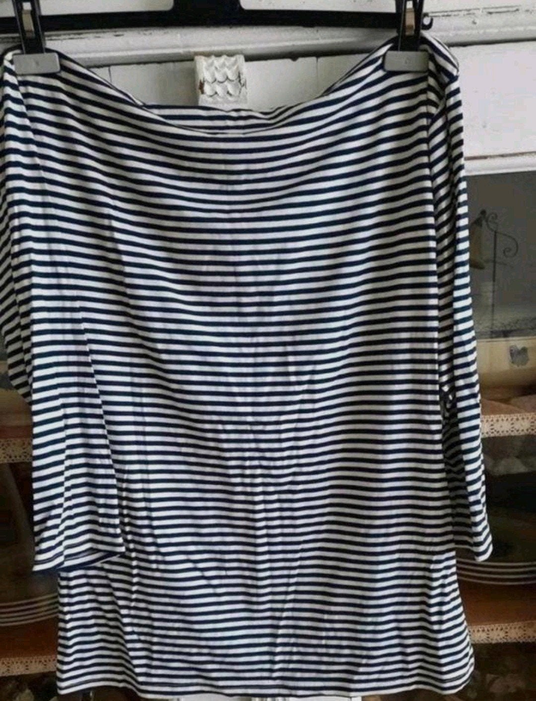 Blauwwit gestreept tricot boothals shirt Studio Due L 42-44, Kleding | Dames, Maat 42/44 (L), Zo goed als nieuw, Lange mouw, Verzenden