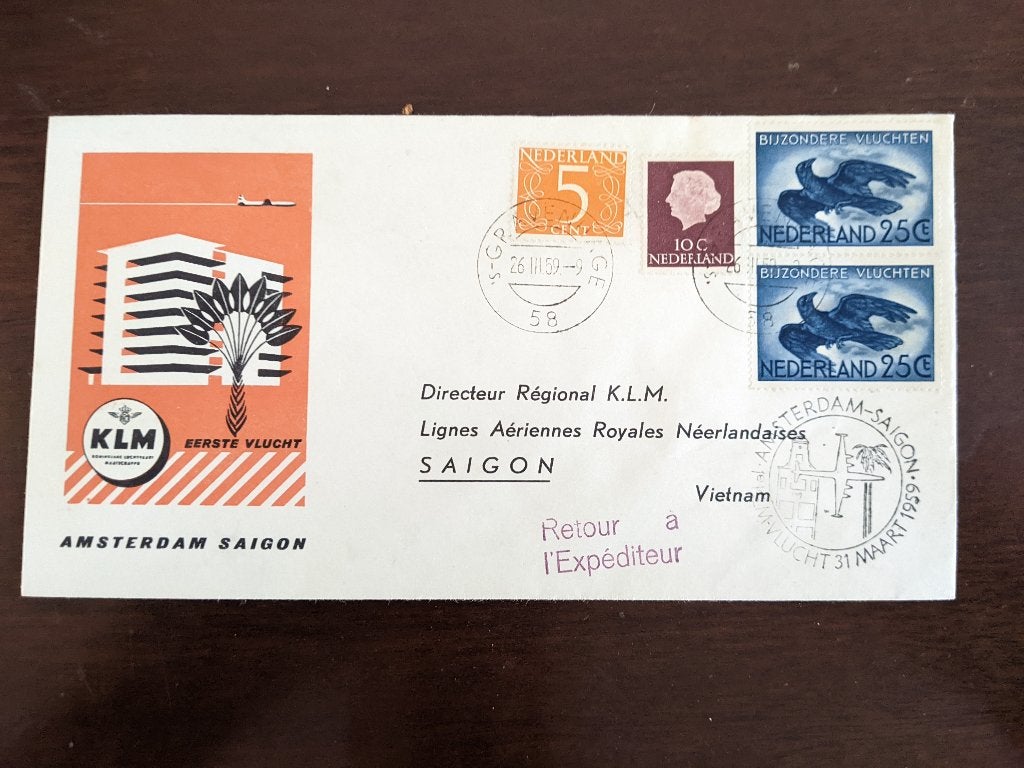 NL 1959; Eerste KLM-vlucht Amsterdam-Saigon 2 FOTO'S LEES, Ophalen of Verzenden, Envelop