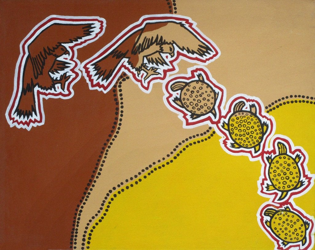 Schilderij (Aboriginal) van een schildpad met een arend, Ophalen of Verzenden