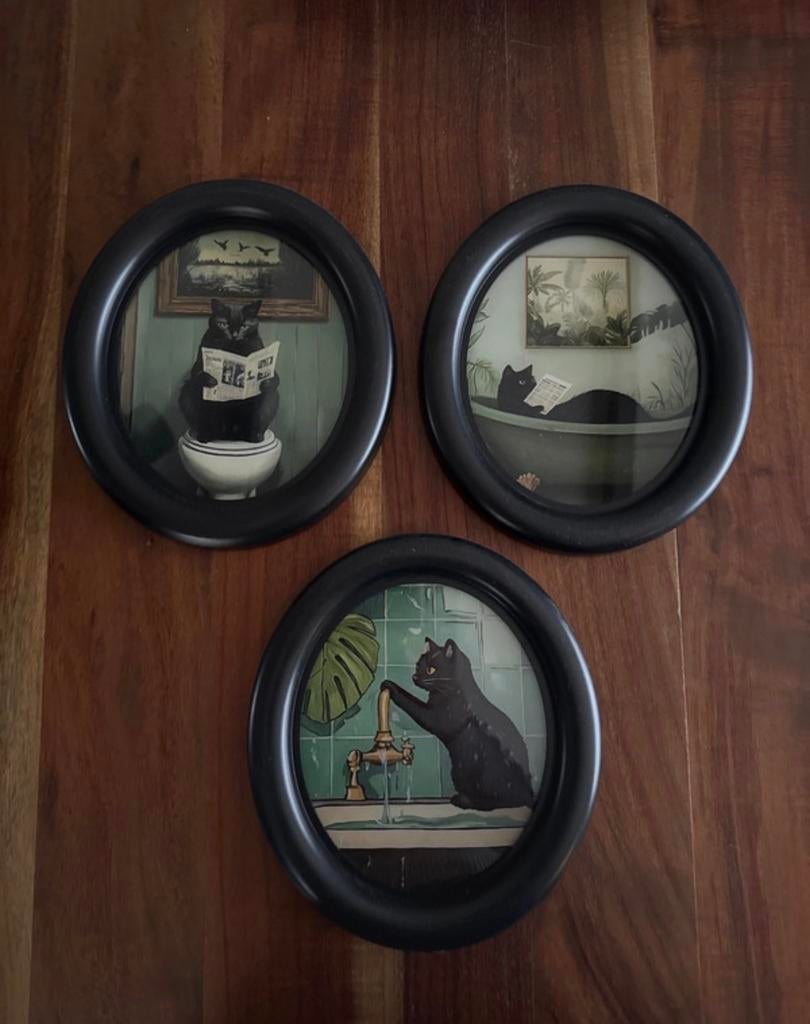 Set van 3 kleine katten schilderijtjes, Groen, Achter glas, Ophalen of Verzenden, Kunststof