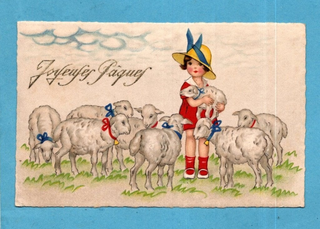 Pracht oude paaskaart W039 - Meisje met lammetjes, Verzenden, 1920 tot 1940, Gelopen, Kinderen