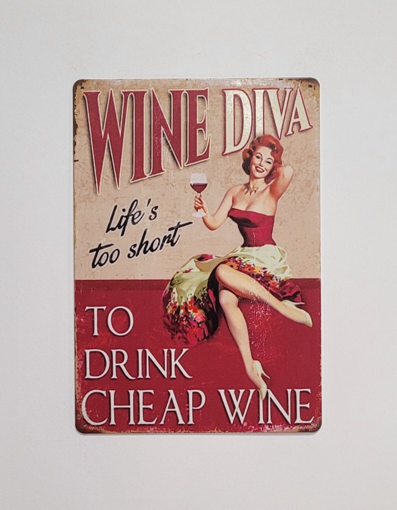 Wine Diva wijn reclamebord van metaal wandbord decoratie, Info@deconoord.nl, Deco Noord, Nieuw, Ophalen of Verzenden