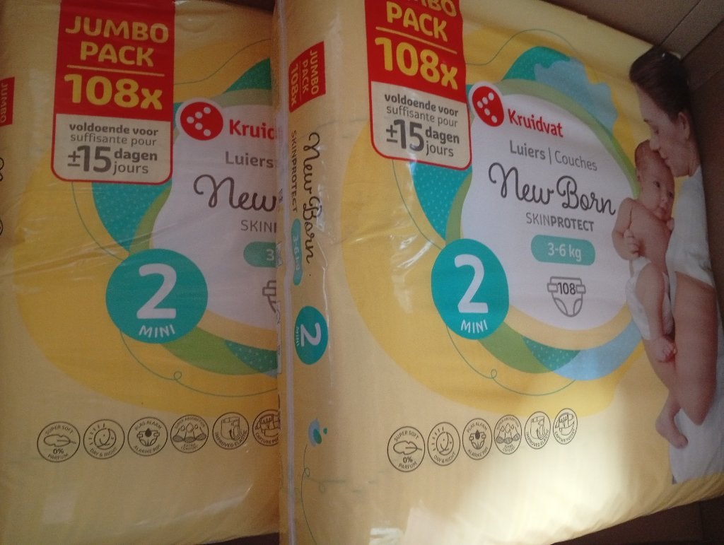 2x Kruidvat NewBorn Maat 2 Luiers Jumbopack mt 2 (3-6 kg), Ophalen of Verzenden, Nieuw, Overige typen, Overige merken
