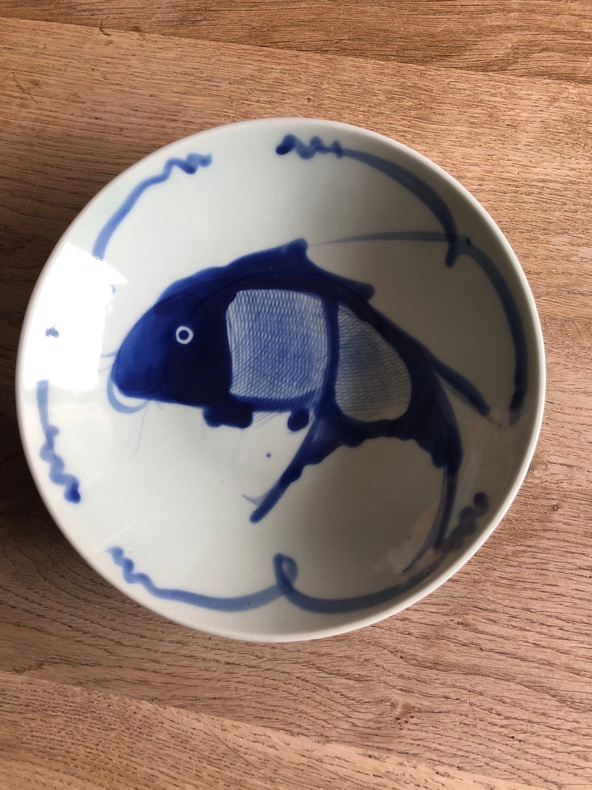 Vintage Japans kommetje met blauwe vis decoratie, Ophalen of Verzenden