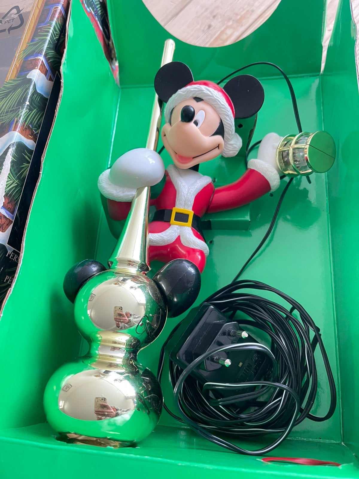 Piek mickey mouse met lantaarn beweegt in doos mr christmas, Ophalen, Mickey Mouse, Zo goed als nieuw, Beeldje of Figuurtje