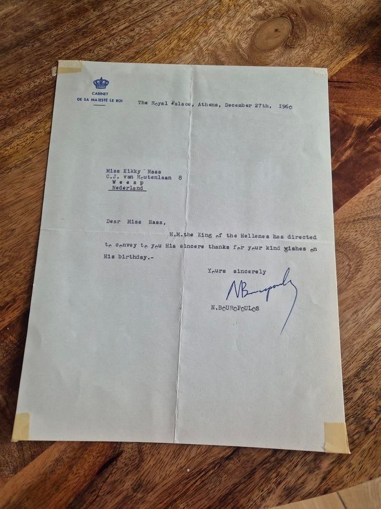 Bedankbrief koning van griekenland, Ophalen of Verzenden, Kaart, Foto of Prent