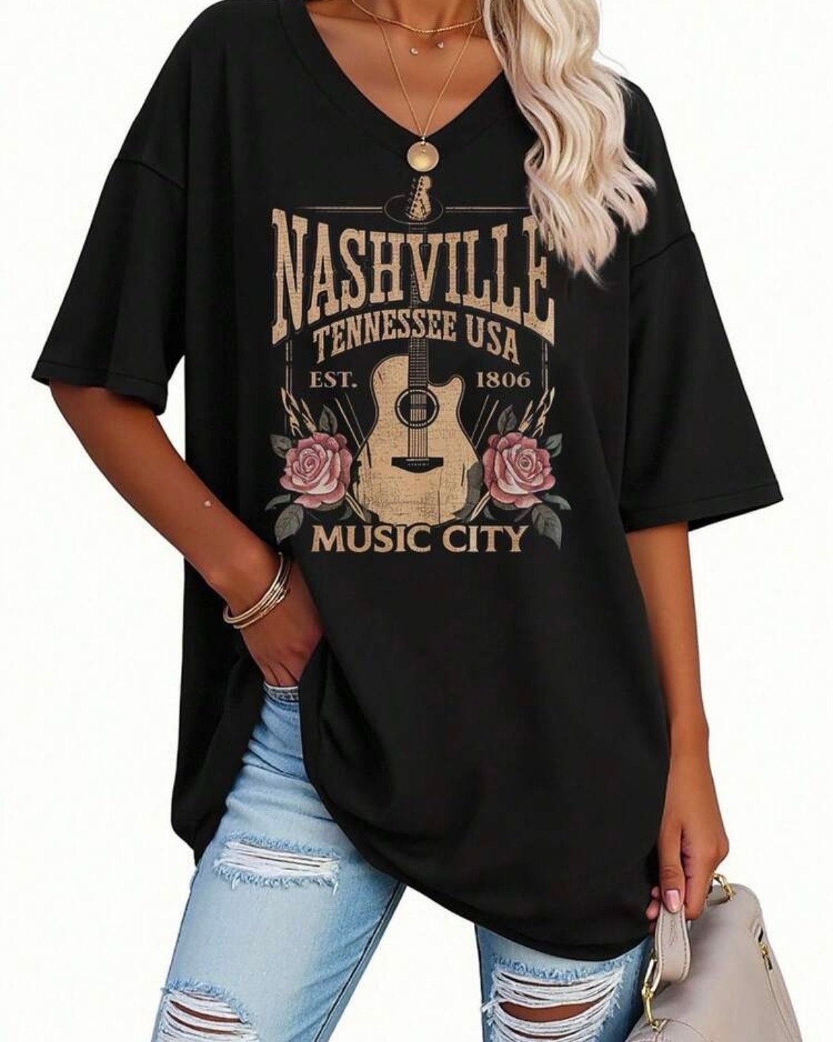 Zwart T-shirt met Nashville print (44-54), Verzenden, Nieuw, Zwart, Shirt of Top