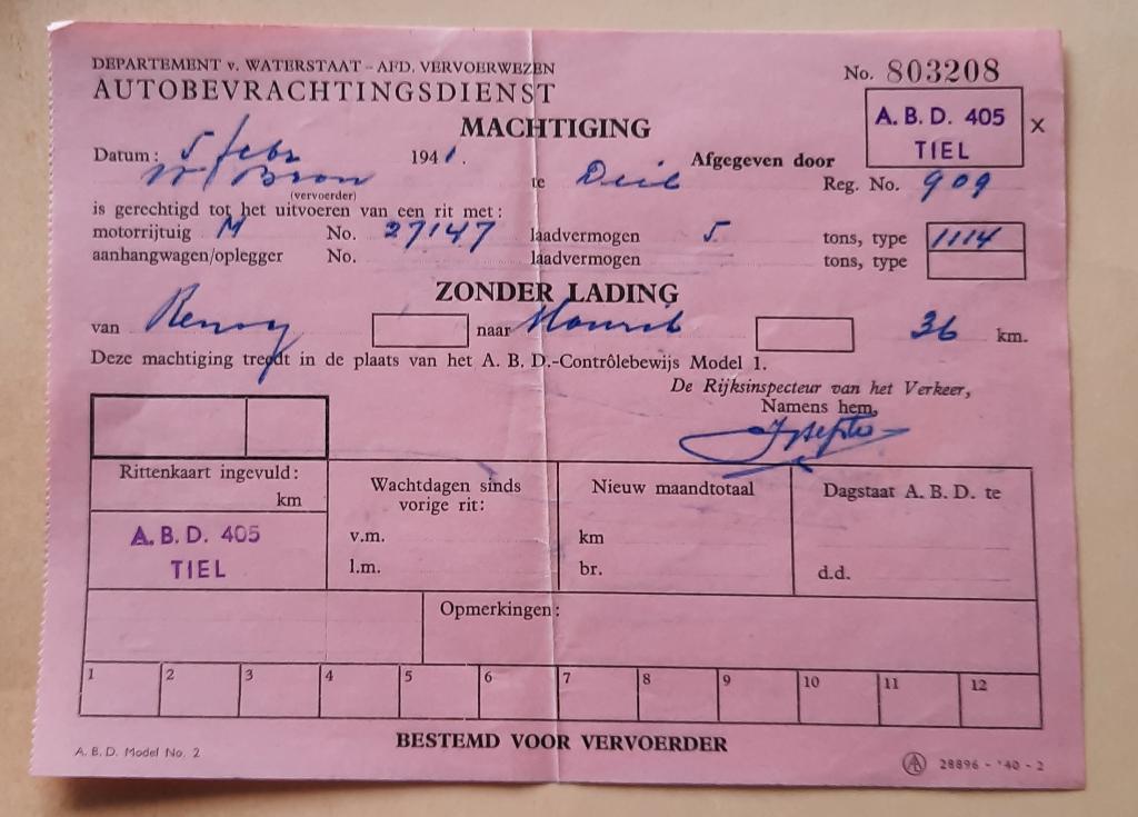 machtiging uit WW II - voor vrachtauto met lege rit - 1941, Ophalen of Verzenden, Overige soorten, Nederland, Overige typen