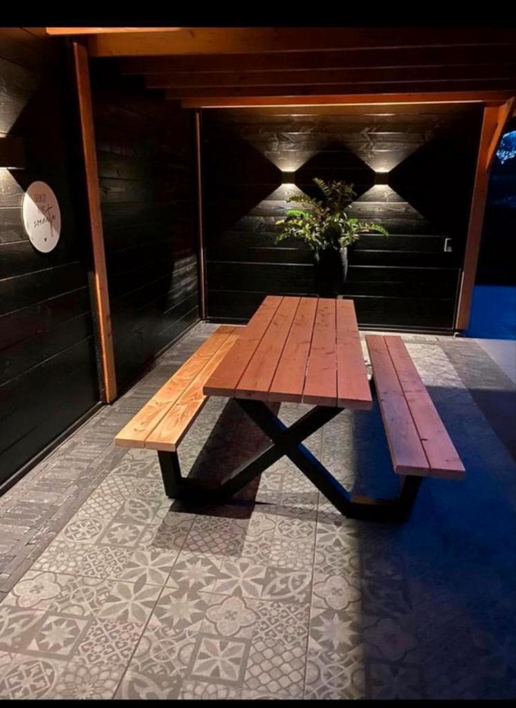 Douglas picknicktafels met stalen X poot, Ophalen of Verzenden, Nieuw, Rechthoekig, Hout