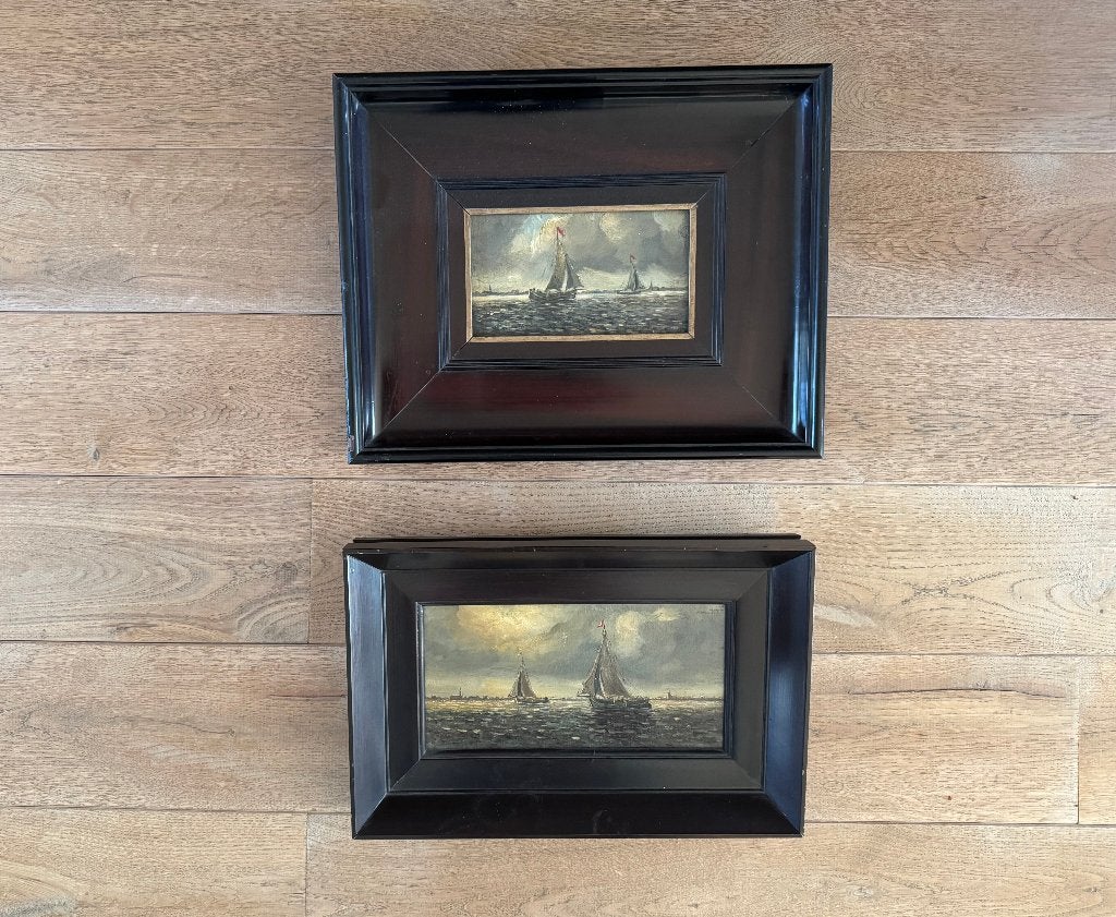 2x antiek schilderij paneel boot Nederland zee landschap voc, Ophalen of Verzenden, Gesigneerd, Olieverf, Maritiem / water