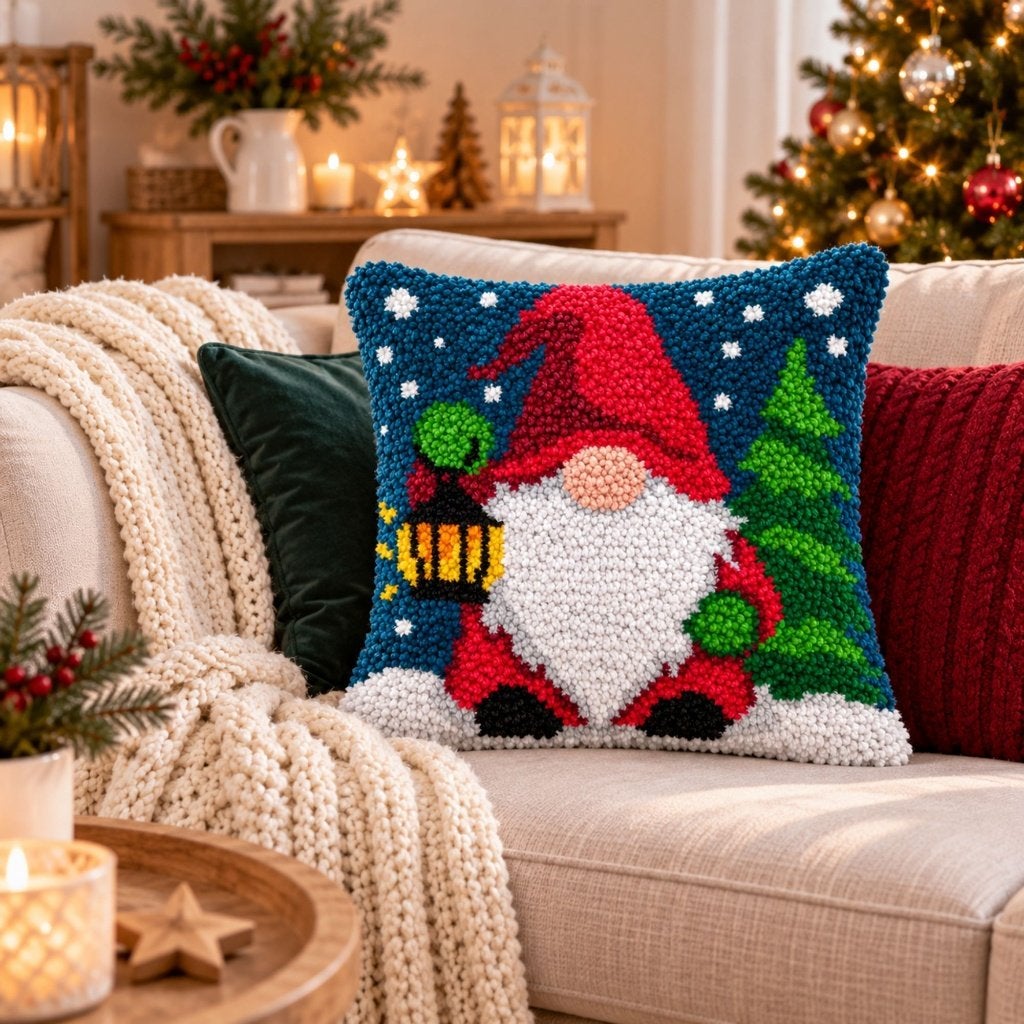 Latch Hook Kussen Gnome in de Sneeuw 43x43 cm – Complete Set