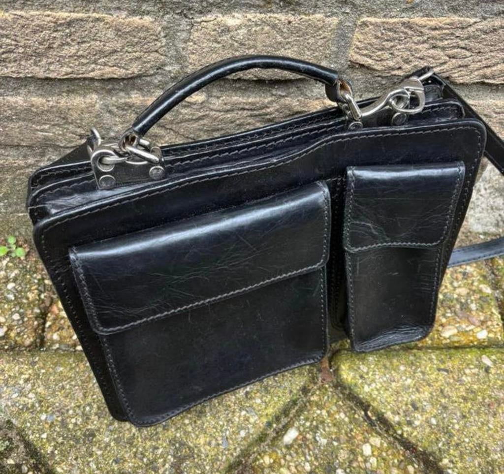 Zwart leder schoudertasje, Ophalen of Verzenden, Gebruikt, Zwart, Leer