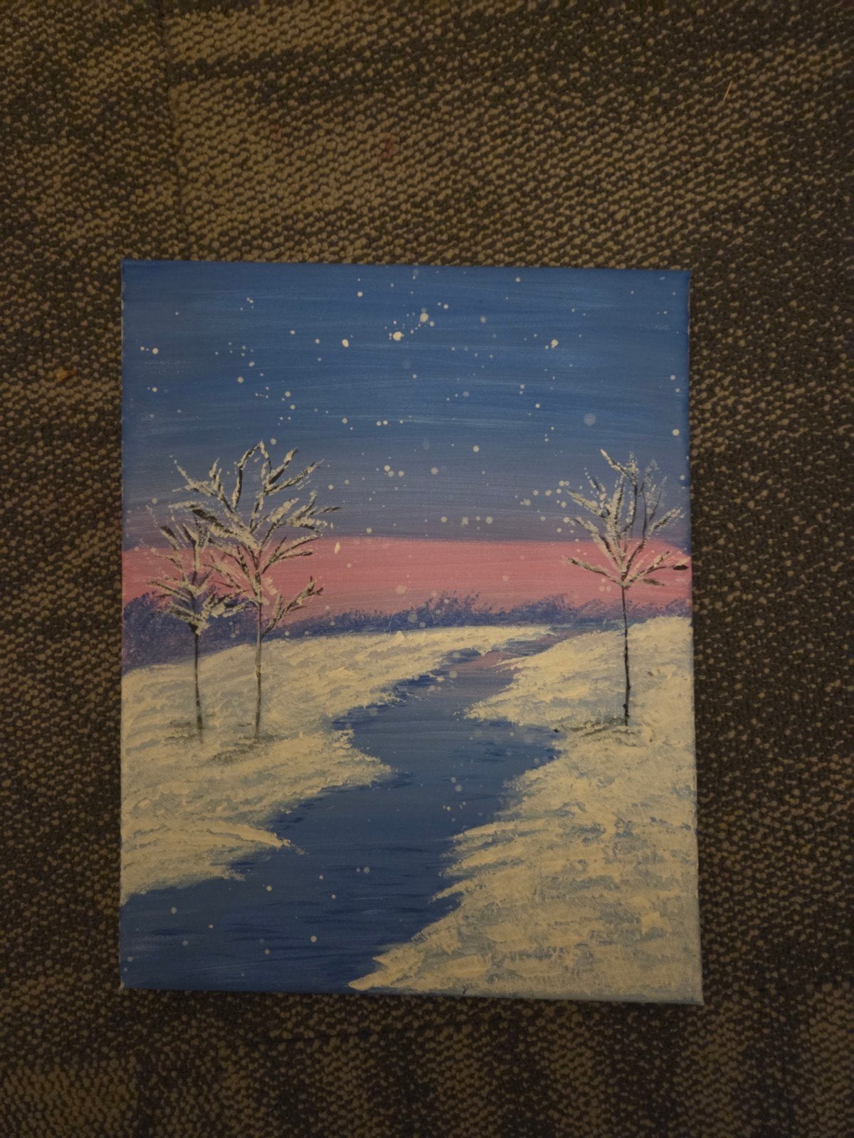 Schilderij Winterlandschap met Rivier en Bomen, Ophalen