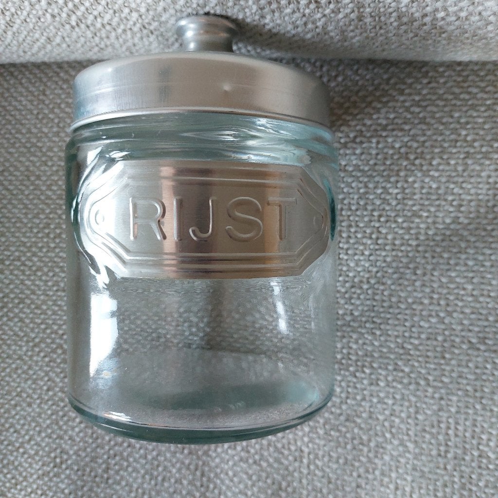 Glazen voorraadpot met 'Rijst' opdruk en metalen deksel, Glas, Ophalen of Verzenden, Voorraadpot, Overige merken
