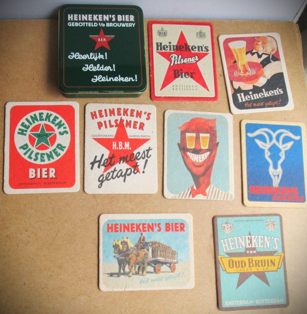 Heineken Viltjes en Blikje~Verzameling van 6x Bierviltje, Verzamelen, Biermerken, Ophalen of Verzenden, Zo goed als nieuw, Viltje(s)