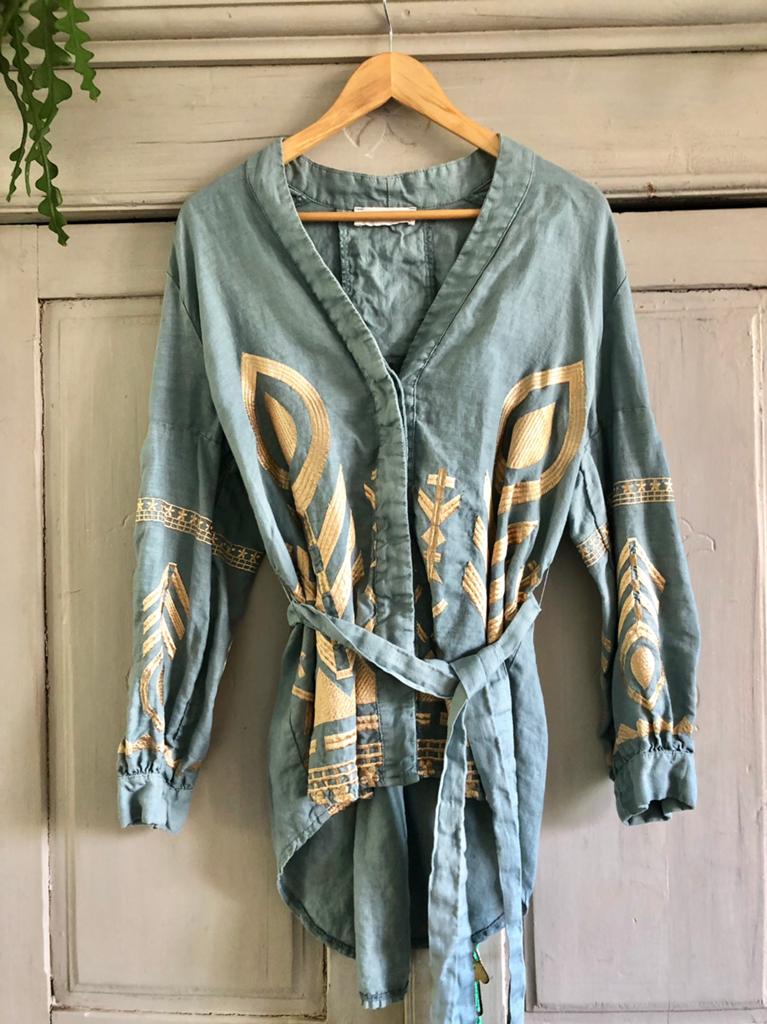 Geweldige bl/gou Greek Archaic Kori Blouse - Jasje Mt L / XL, Ophalen of Verzenden, Zo goed als nieuw, Maat 42/44 (L), Blauw