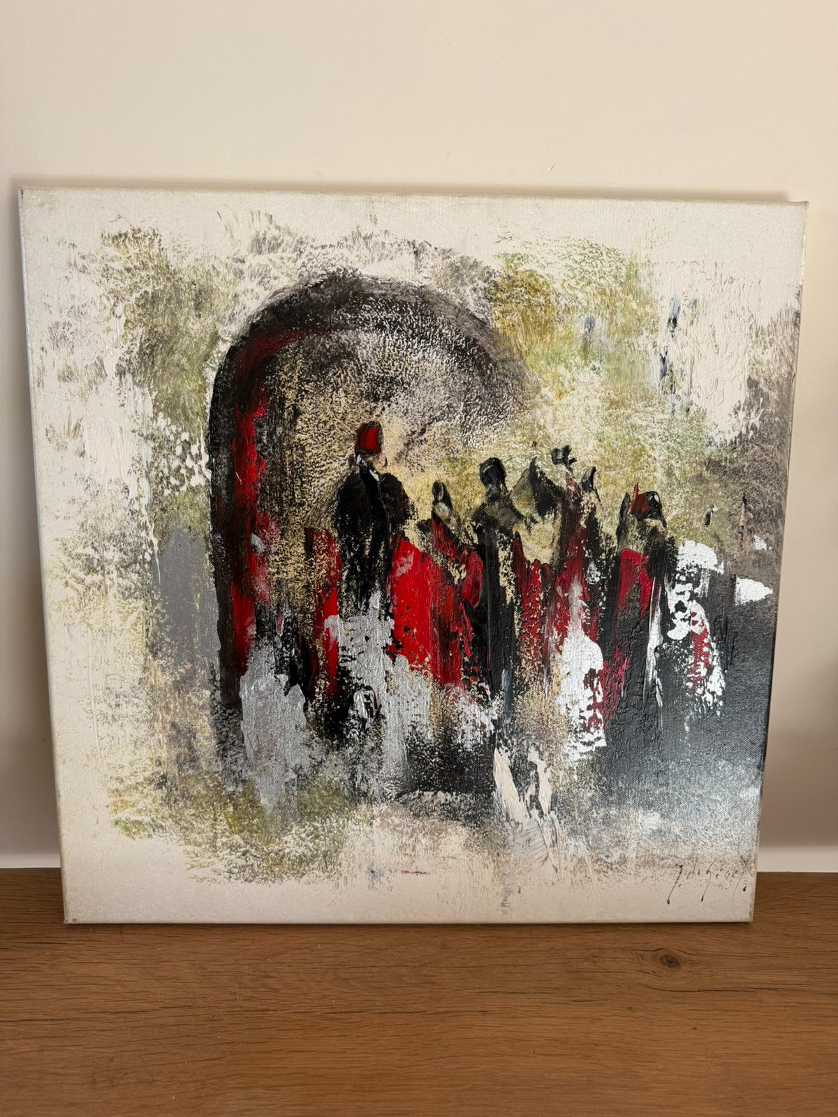 Origineel Schilderij Jochem de Graaf – Figuren 50x50cm, Ophalen, Gesigneerd, Textiel, Figuren